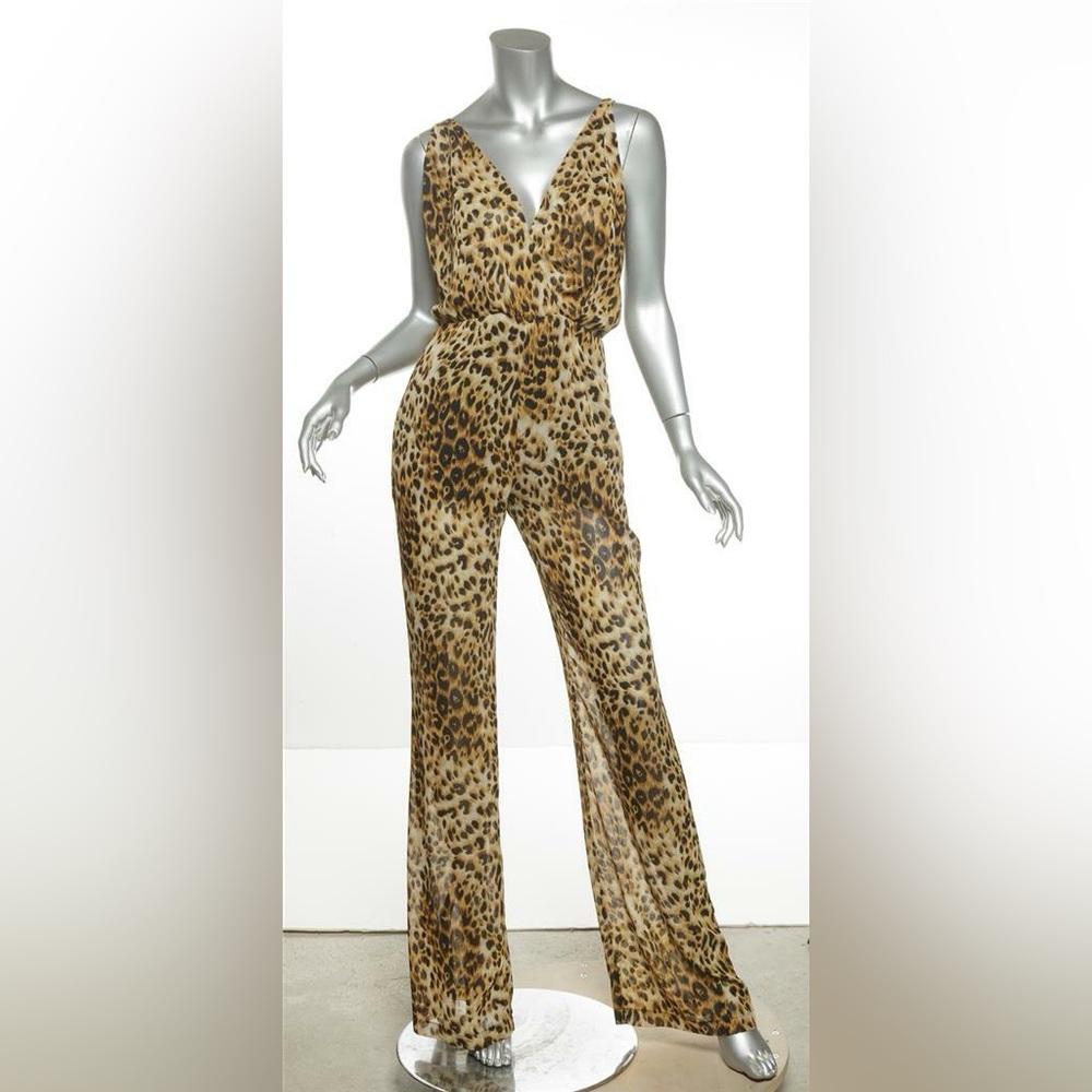Reformation Leopard Print Sheer V-Neck Open-Back Jumpsuit